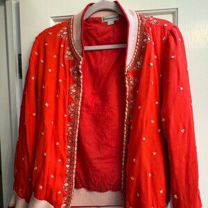 Anthropologie Conditions Apply Embroidered Red Bomber Jacket Size M